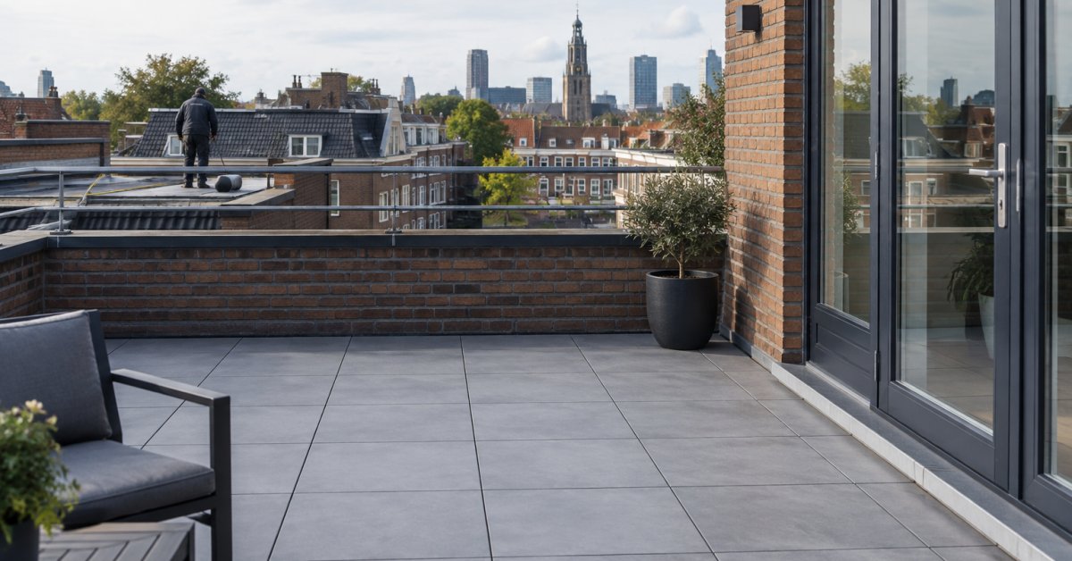 Betegeld dakterras met openslaande glazen deuren en uitzicht over de stad