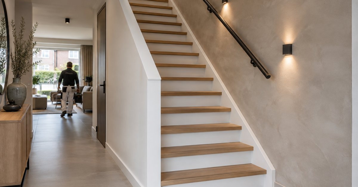 Trappenhuis met houten treden, zwarte leuning en licht decoratieve stucwand