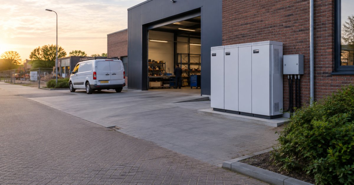 Energieopslagsystemen naast een bedrijfshal, met een bedrijfswagen op de voorgrond.